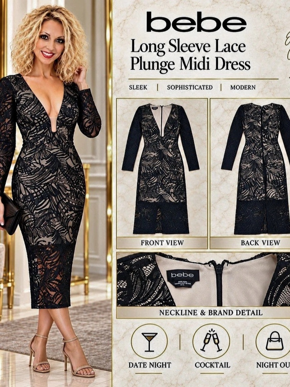 bebe Mesh Inset Long Sleeve Midi Dress in Black